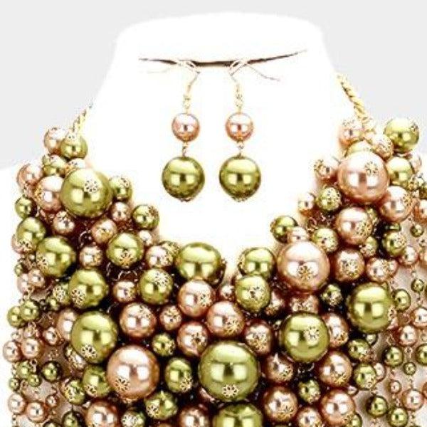 Pearl Strand Green Bronze Fringe Bib Necklace & Earrings by V Foxy Collection