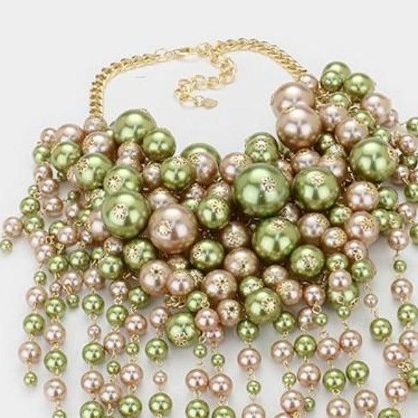 Pearl Strand Green Bronze Fringe Bib Necklace & Earrings by V Foxy Collection