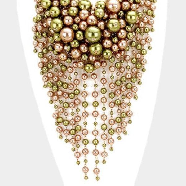Pearl Strand Green Bronze Fringe Bib Necklace & Earrings by V Foxy Collection