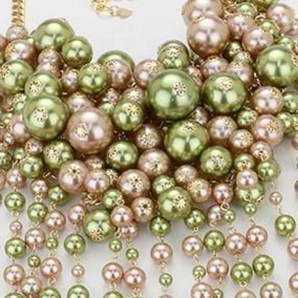 Pearl Strand Green Bronze Fringe Bib Necklace & Earrings by V Foxy Collection