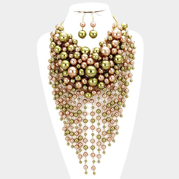 Pearl Strand Green Bronze Fringe Bib Necklace & Earrings by V Foxy Collection