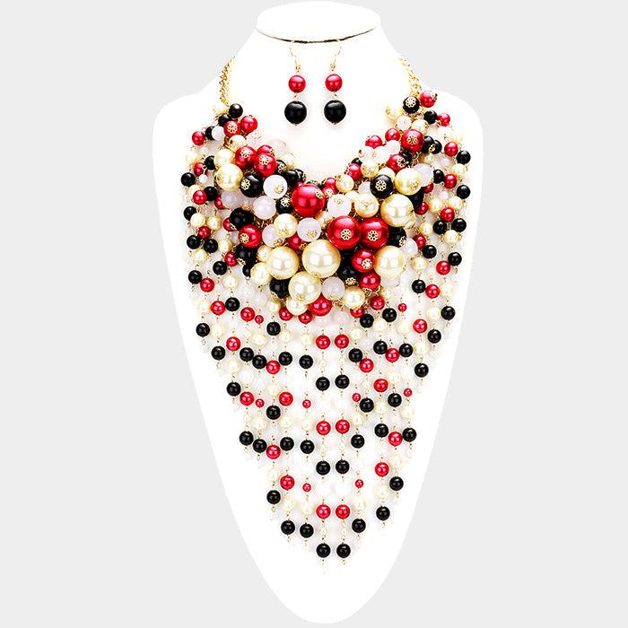 Pearl Strand Multi Color Fringe Bib Necklace & Earrings