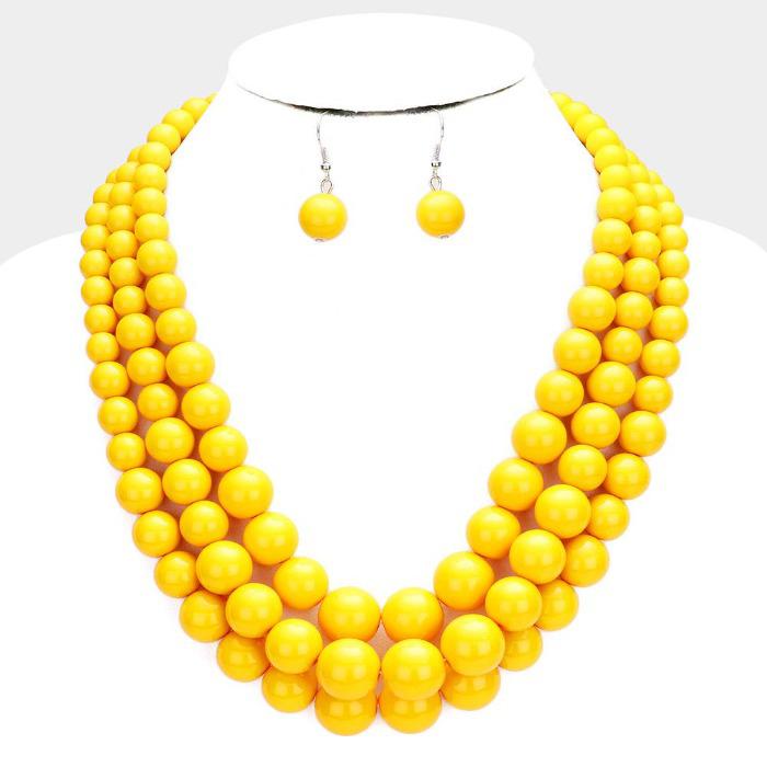 Pearl (faux) Yellow Triple Strand Necklace & Earring Set by SP Sophia Collection