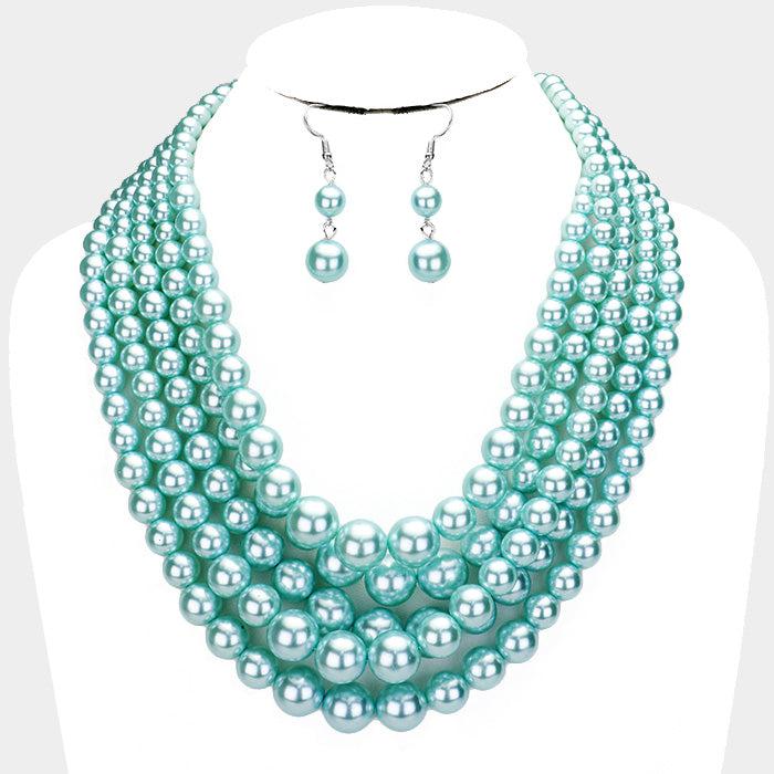  5 Strand Aqua Blue Pearl (faux) Necklace & Earring Set by SP Sophia Collection