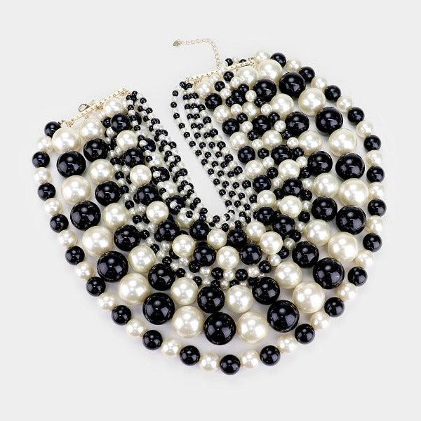 Pearl (faux) Black & Cream Bib Necklace Set-Necklace-SPARKLE ARMAND