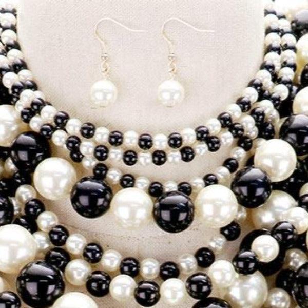 Pearl (faux) Black & Cream Bib Necklace Set-Necklace-SPARKLE ARMAND
