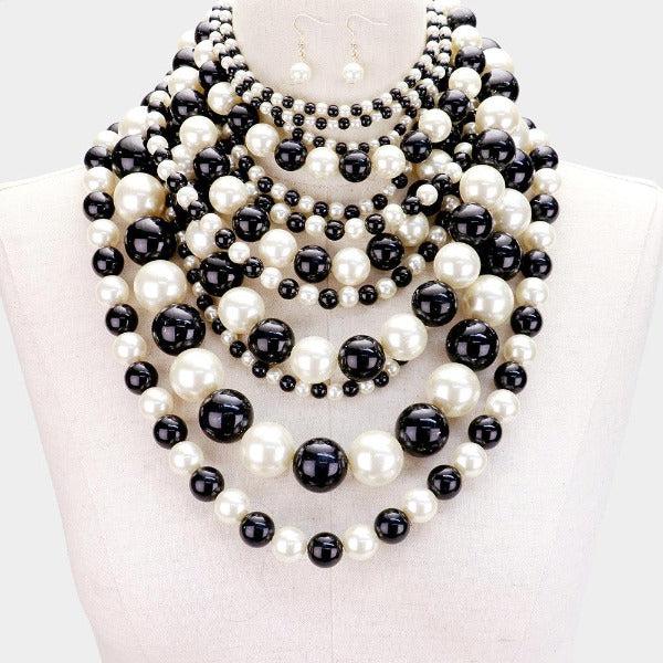 Pearl (faux) Black & Cream Bib Necklace Set-Necklace-SPARKLE ARMAND