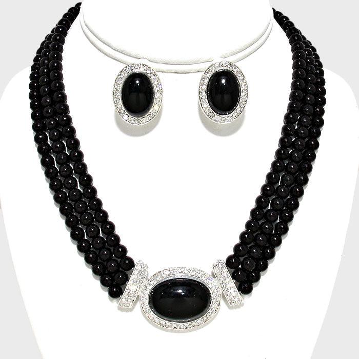 Pearl (faux) Black Necklace & Clip-On Earrings Set-Necklace-SPARKLE ARMAND