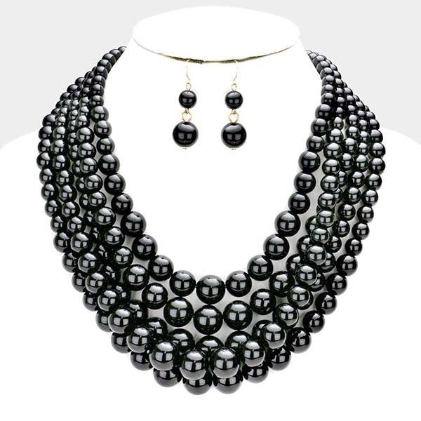  5 Strand Black Pearl (faux) Necklace & Earring Set by core