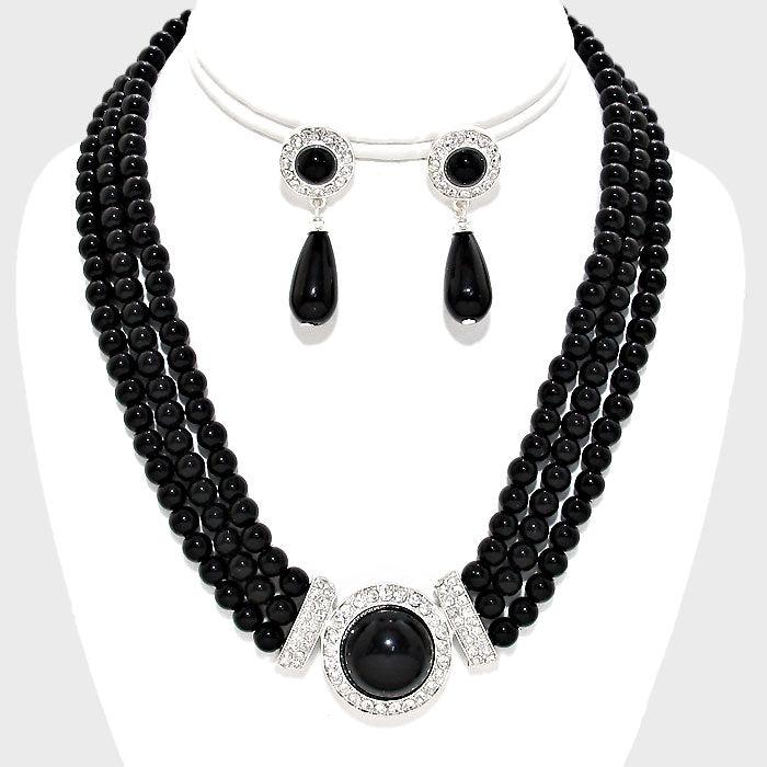 Pearl (Faux) Black Necklace & Earrings Set