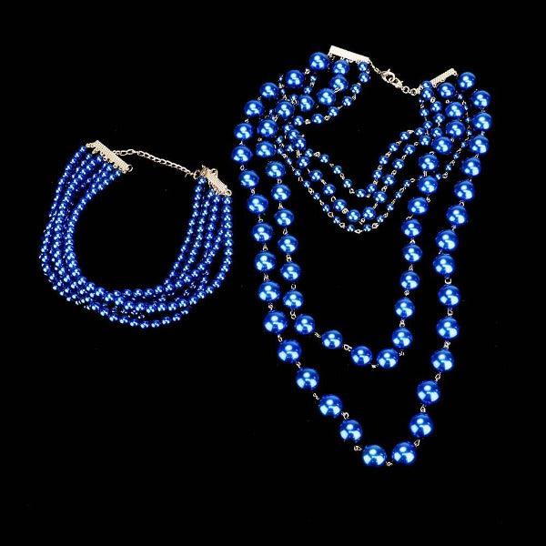 Pearl (faux) Blue Choker & 5 Layered Pearl Armor Bib Necklace Set by V Foxy Collection