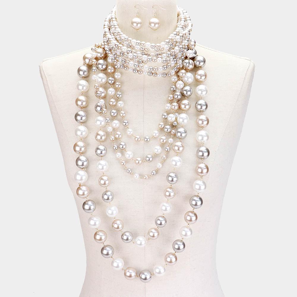 Pearl (faux) Choker & Layered Pearl Armor Set-Necklace-SPARKLE ARMAND