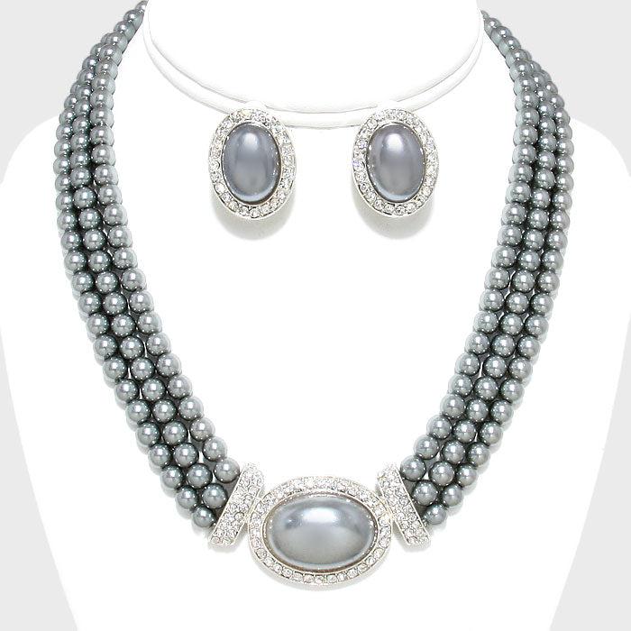 Pearl (Faux) Gray Necklace & Clip-On Earrings Set