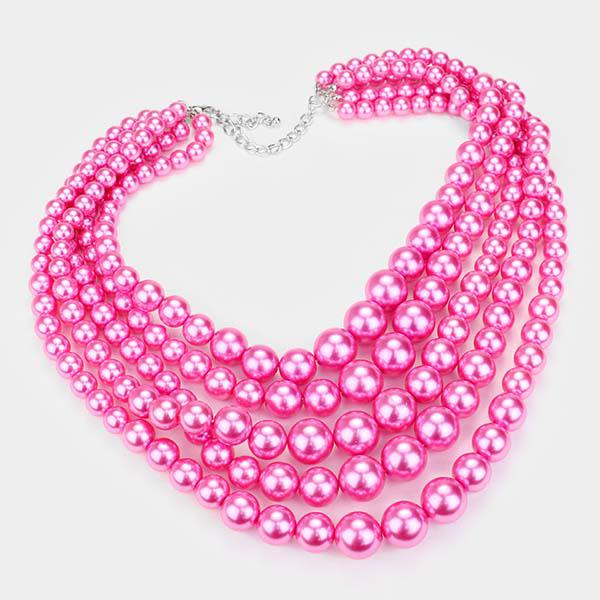  5 Strand Hot Pink Pearl (faux) Necklace & Earring Set by SP Sophia Collection