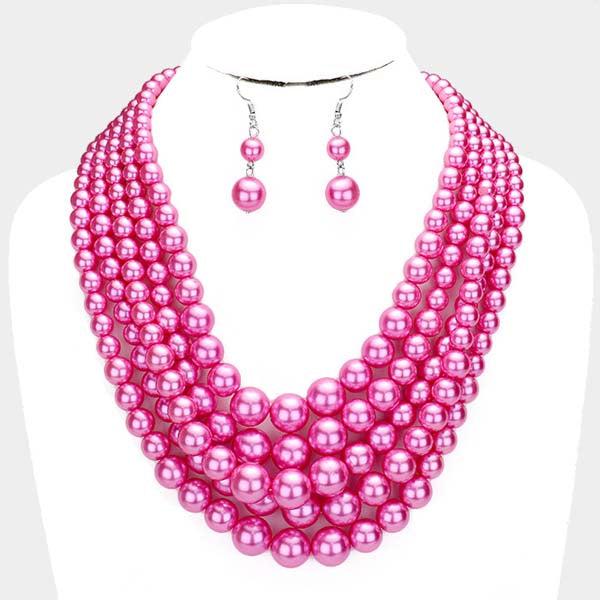  5 Strand Hot Pink Pearl (faux) Necklace & Earring Set by SP Sophia Collection