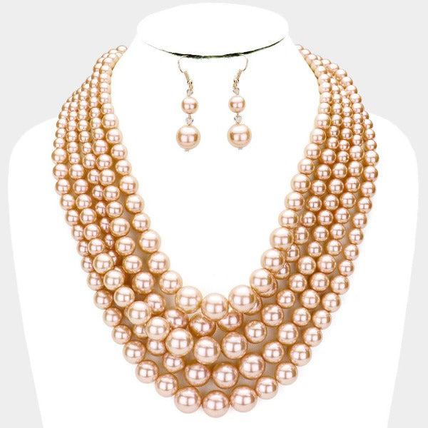 5 Strand Lt Brown Pearl (faux) Necklace & Earring Set by SP Sophia Collection