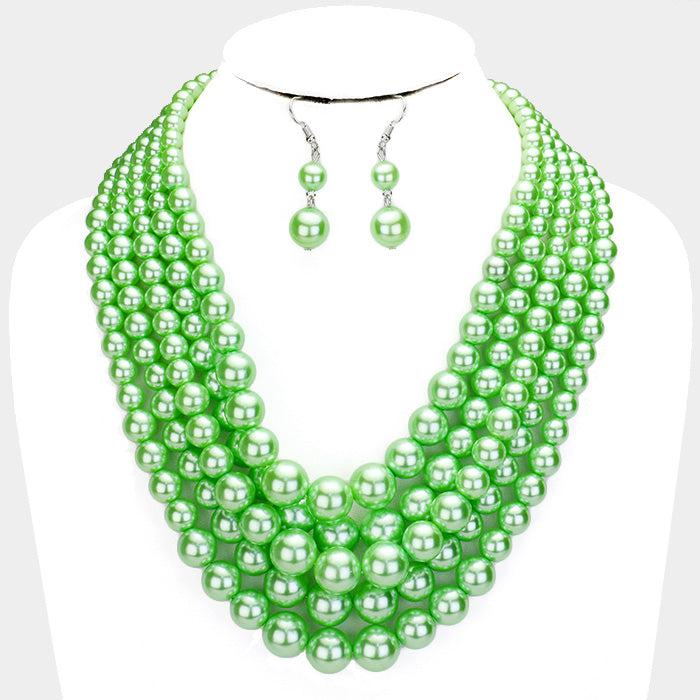  5 Strand Lime Green Pearl (faux) Necklace & Earring Set by Sophia Collection