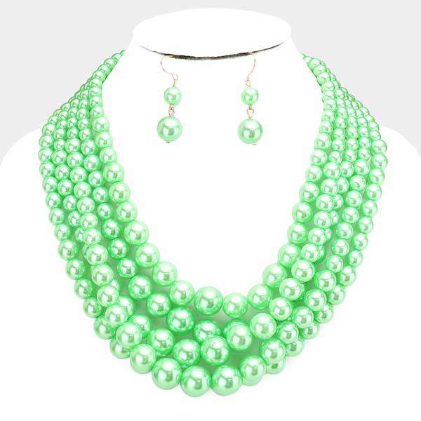 5 Strand Mint Green Pearl (faux) Necklace & Earring Set by core
