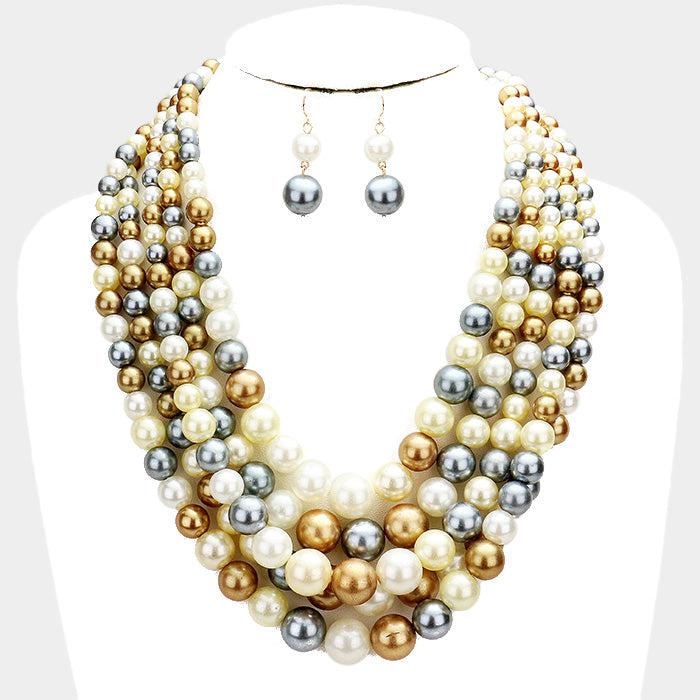  5 Strand Multi-Colored Pearl (faux) Necklace & Earring Set by core