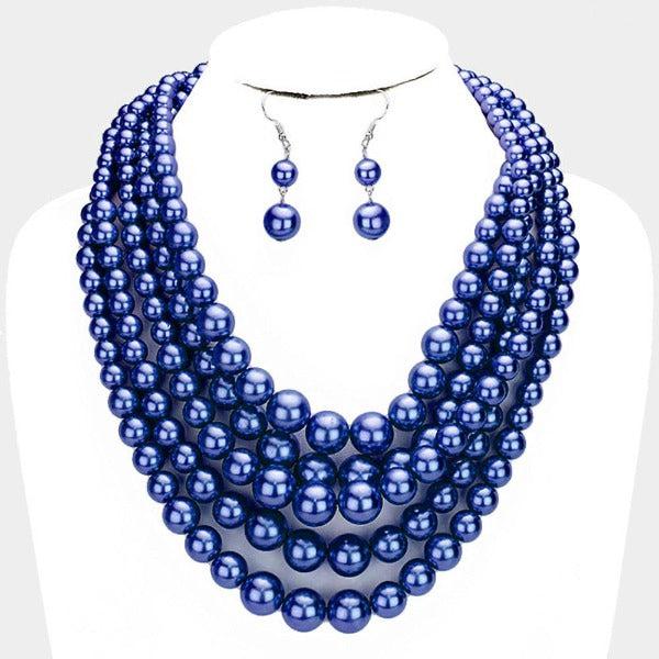  5 Strand Navy Blue Pearl (faux) Necklace & Earring Set by SP Sophia Collection