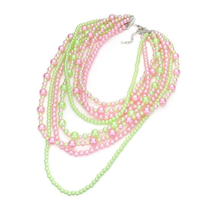 Pearl (faux) Pink & Green Necklace Earring Set