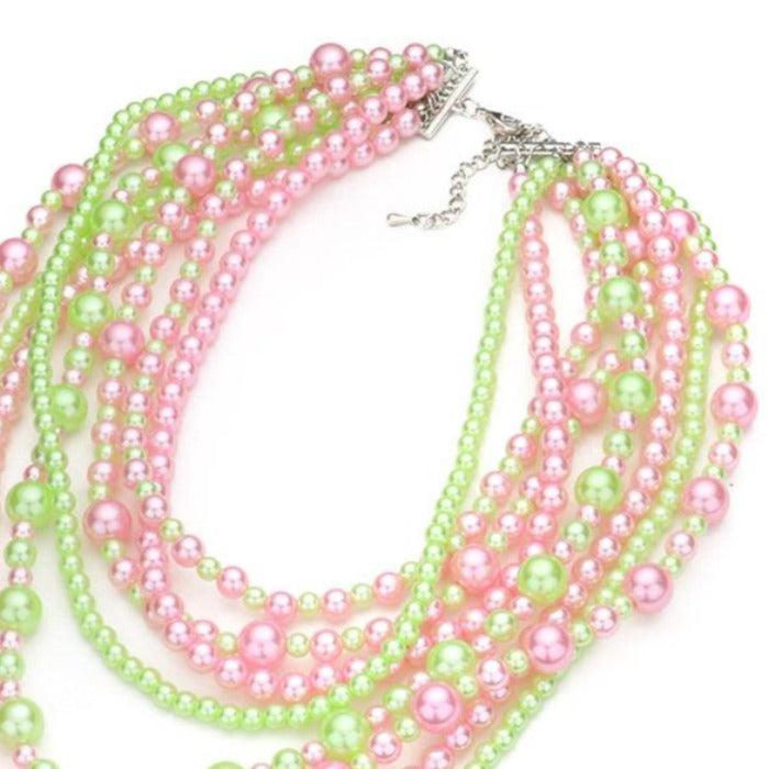 Pearl (faux) Pink & Green Necklace Earring Set