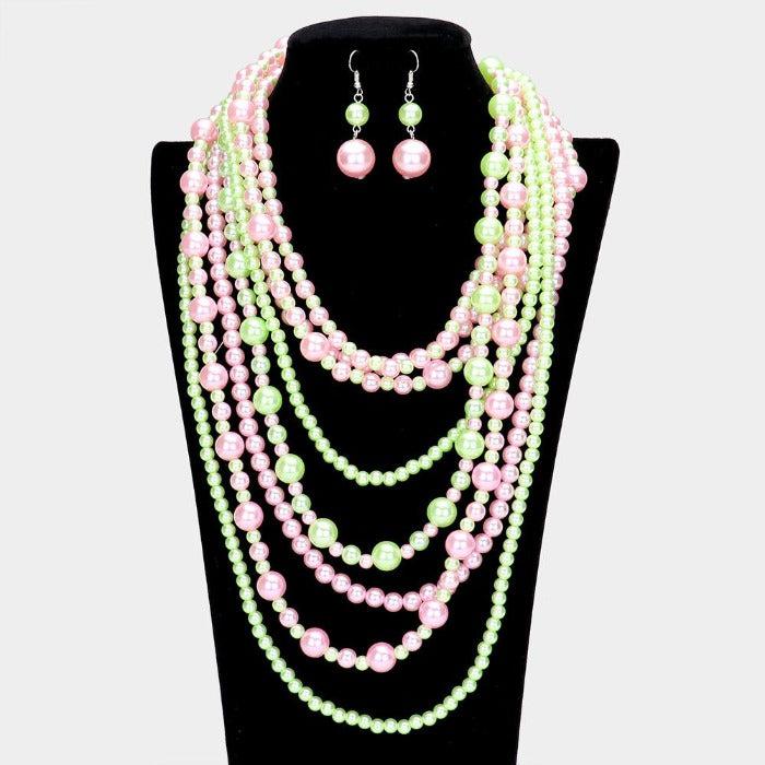 Pearl (faux) Pink & Green Necklace Earring Set