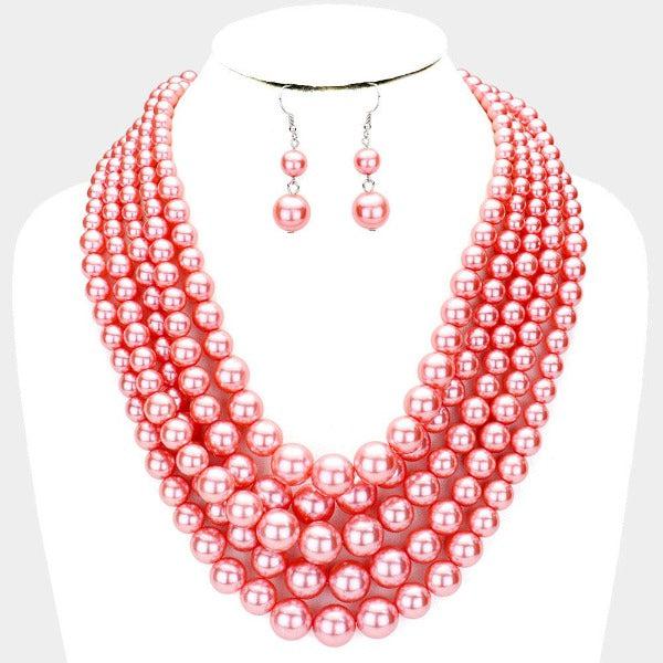  5 Strand Pink Pearl (faux) Necklace & Earring Set by Sophia Collection