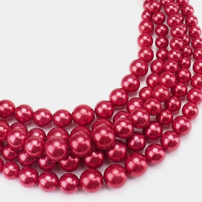  5 Strand Red Pearl (faux) Gold Necklace & Earring Set