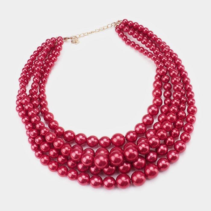  5 Strand Red Pearl (faux) Gold Necklace & Earring Set