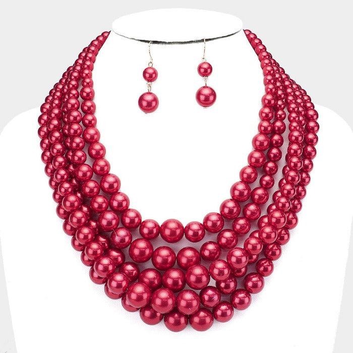  5 Strand Red Pearl (faux) Gold Necklace & Earring Set