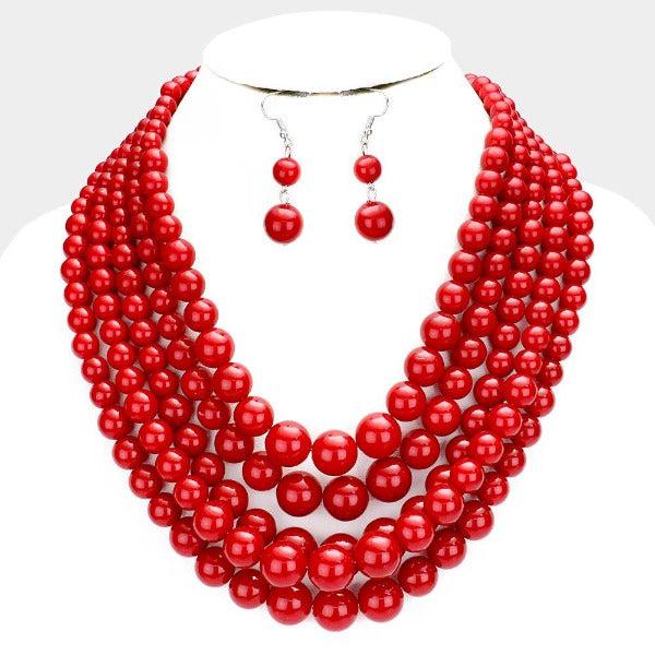  5 Strand Red Pearl (faux) Necklace & Earring Set by SP Sophia Collection