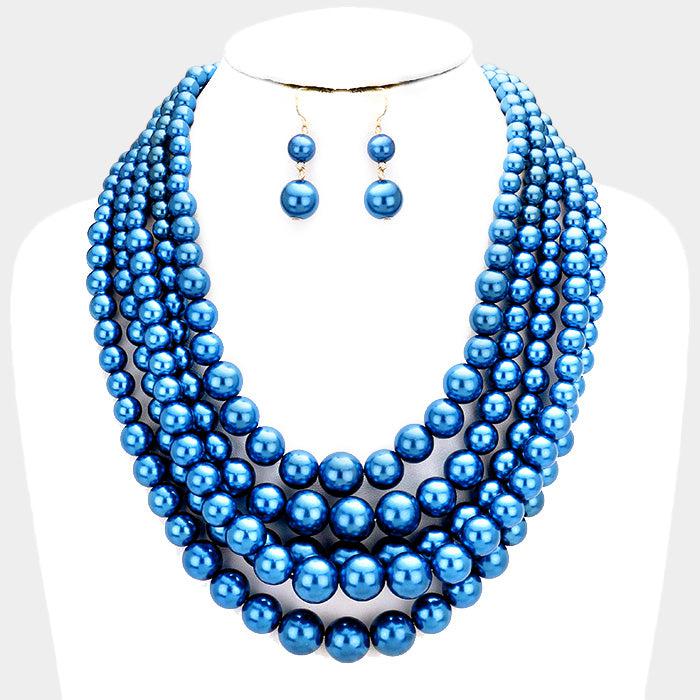  5 Strand Royal Blue Pearl (faux) Necklace & Earring Set by core
