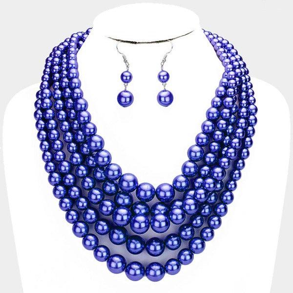  5 Strand Royal Blue Pearl (faux) Necklace & Earring Set by  SP Sophia Collection