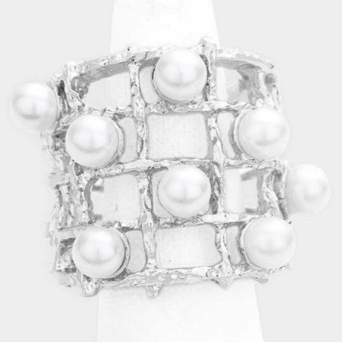 Pearl (faux) Statement Hammered Metal Stretch Ring
