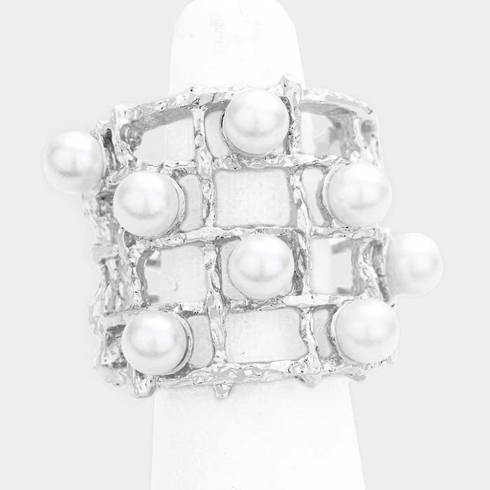 Pearl (faux) Statement Hammered Metal Stretch Ring