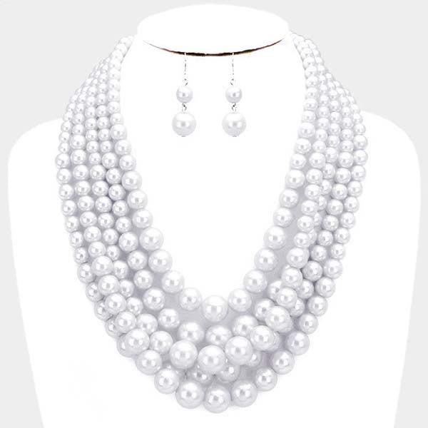 5 Strand White Pearl (faux) Necklace & Earring Set by core
