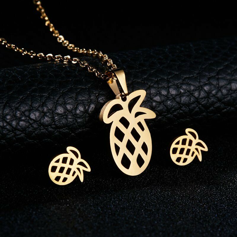 Pineapple Gold Tone Necklace & Earrings Set-Necklace-SPARKLE ARMAND