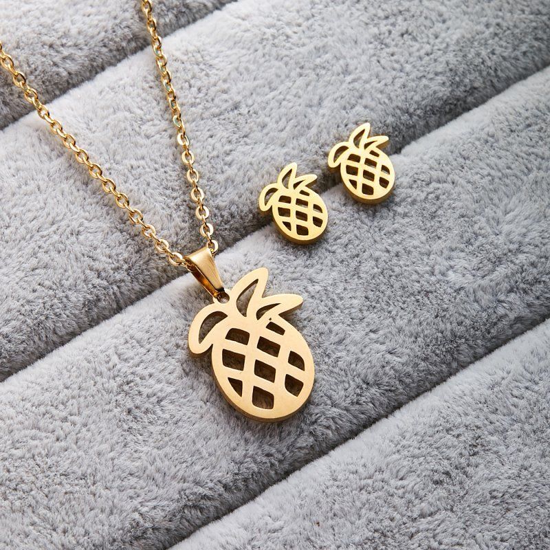 Pineapple Gold Tone Necklace & Earrings Set-Necklace-SPARKLE ARMAND
