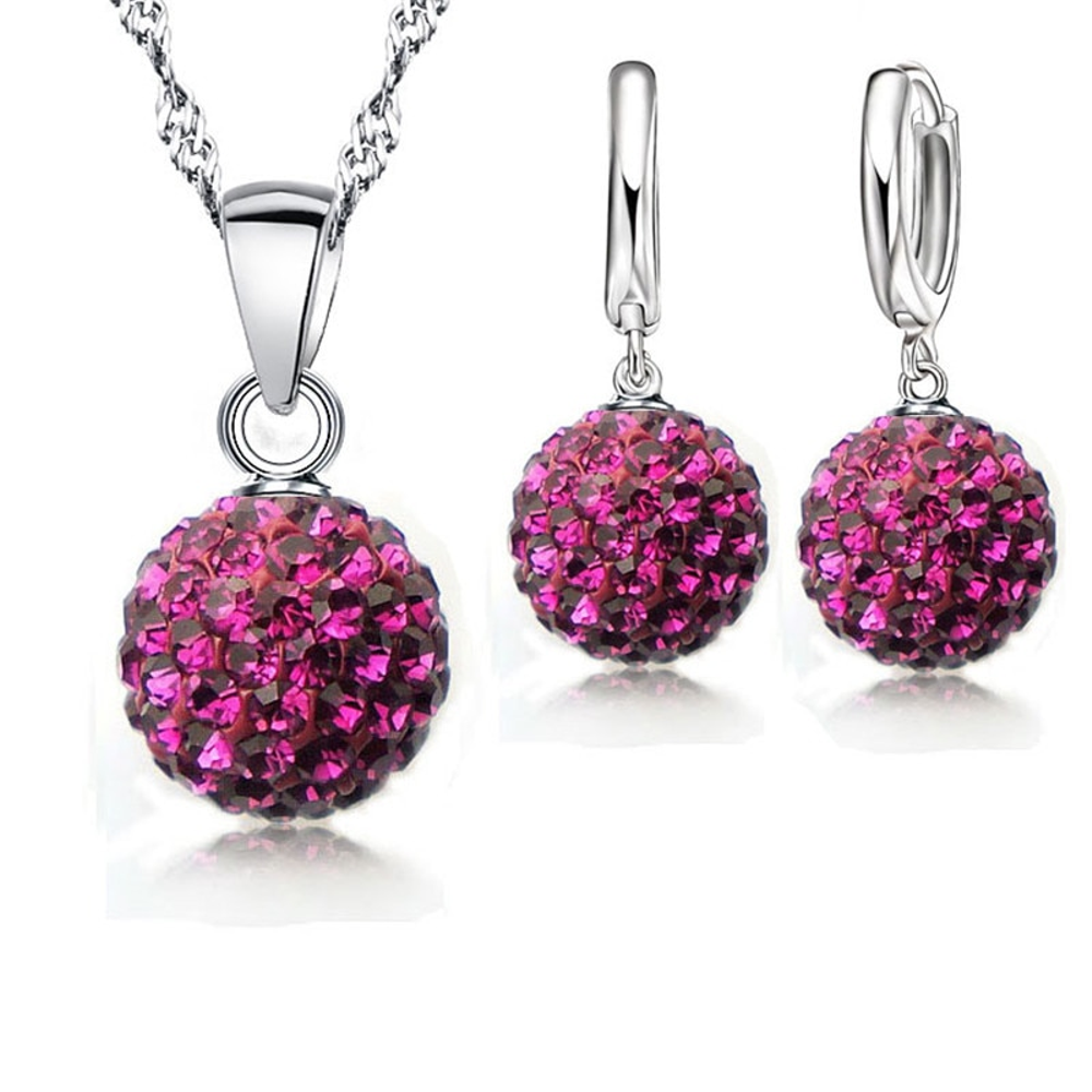 Pink Crystal Disco Ball Silver Necklace & Earrings Set-Necklace-SPARKLE ARMAND