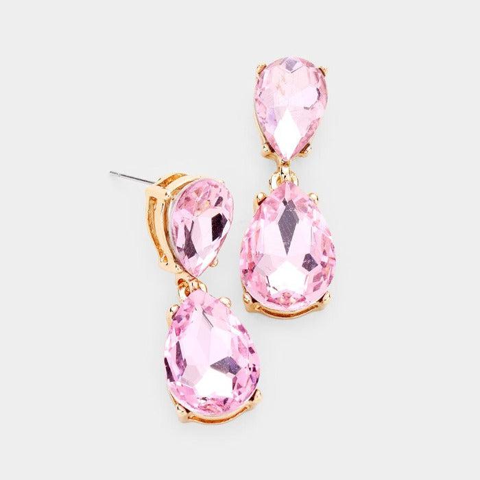 Pink Crystal Double Teardrop Gold Earrings