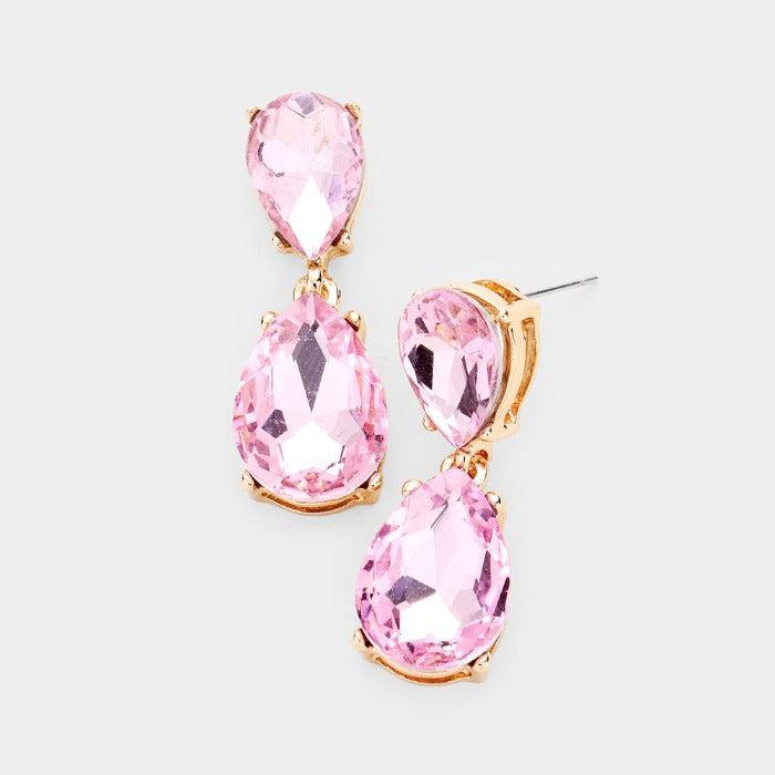 Pink Crystal Double Teardrop Gold Earrings