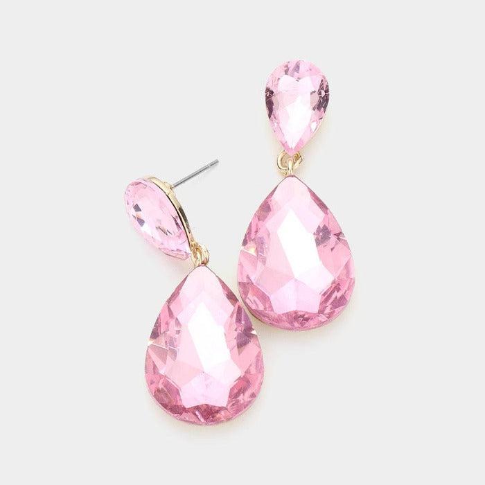 Pink Crystal Teardrop Gold Earrings