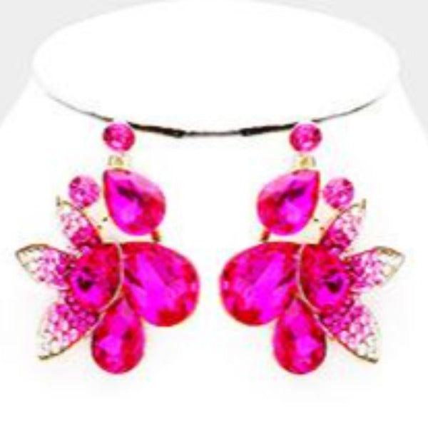 Pink Crystal Teardrop Leaf Cluster Evening Collar Necklace Set