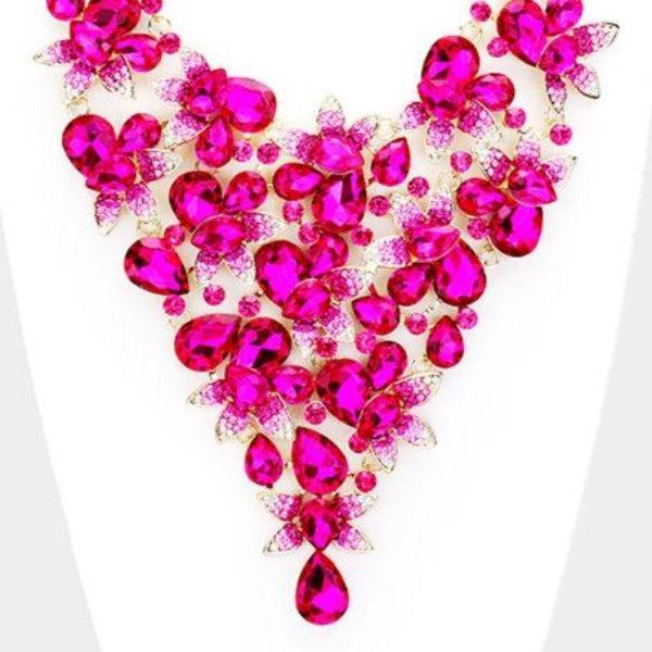Pink Crystal Teardrop Leaf Cluster Evening Collar Necklace Set