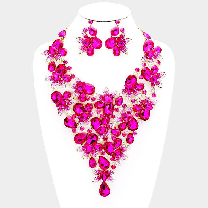 Pink Crystal Teardrop Leaf Cluster Evening Collar Necklace Set