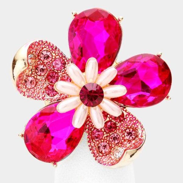 Pink Crystal Teardrop Pearl Floral Stretch Ring-Ring-SPARKLE ARMAND