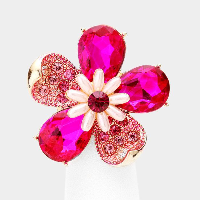 Pink Crystal Teardrop Pearl Floral Stretch Ring-Ring-SPARKLE ARMAND