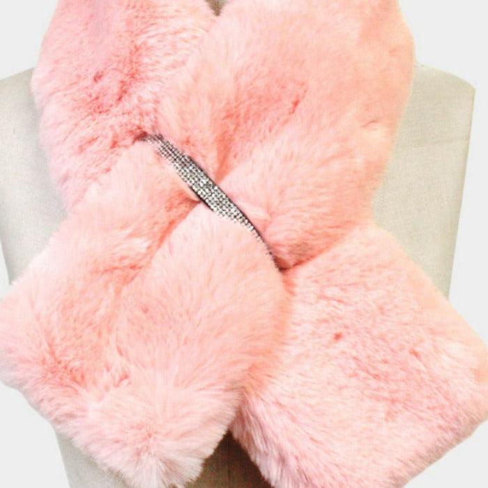 Pink Faux Fur Bling Pull Through Scarf