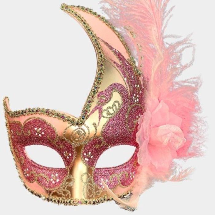 Pink Feather Flower Masquerade Handheld Stick Mask